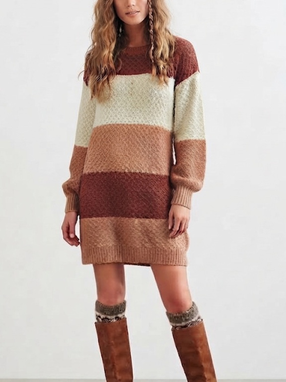 Dreamers Striped Knit Long Sleeve Sweater Dress Small/Medium Orange Tan
